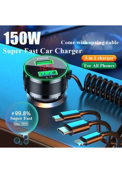5'i 1 Arada Araç Şarj Cihazı 150W Araç USB Şarj Cihazı 3.0 Kablo ile Hızlı Şarj 3'ü 1 Arada ve iPhone 13 12 11 Pro Max iPad Xiaomi Samsung Cep Telefonları Için LCD (Yurt Dışından) fırsatları