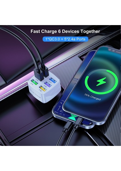 Siyah Araç Şarj Cihazı En Yeni Araç Şarj Cihazı 6 Port 75W Hızlı USB Araç Şarj Adaptörü Qc 3.0 iPhone 13 Pro Max 12 11 Xiaomi 12 Samsung Cep Telefonu Için (Yurt Dışından) fırsatları