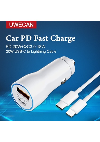 Beyaz 1 USB 1 Type-C USB Type C Pd Hızlı Araç Şarj Cihazı, iphone 20W Usb-C - Lightning Şarj Kablosu, Type C Pd 20W-QC 3.0 18W Çakmak (Yurt Dışından) modelleri
