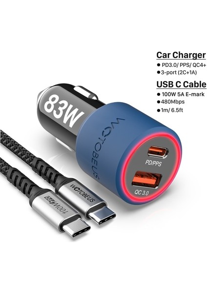 83W ve 100W Kablo Wotobe 2 Port 83W Süper Hızlı Araç Şarj Cihazı, USB C Pd/pps 65W/45W 20V 20W,QC3.0/AFC/FCP18W iPhone 13 Mıbook Dell Xps Hp Dizüstü Bilgisayarlar Için (Yurt Dışından)