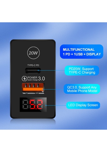 Siyah Abd Gtwın LED Ekran Qc3.0 USB C Telefon Şarj Cihazı Pd 20W Tip C iPhone 12 11 Pro Için Hızlı Şarj Adaptörü Huawei Xiaomi Samsung A51 (Yurt Dışından) modelleri