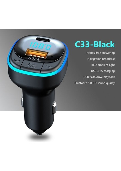 C33-BLACK Bluetooth 5.0 Araç Şarj Cihazı Hızlı Şarj USB Tip C Araç Telefonu Şarj Cihazı Fm Verici Handsfree Çakmak Mp3 Müzik Çalar (Yurt Dışından)