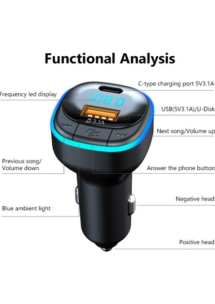 C33-BLACK Bluetooth 5.0 Araç Şarj Cihazı Hızlı Şarj USB Tip C Araç Telefonu Şarj Cihazı Fm Verici Handsfree Çakmak Mp3 Müzik Çalar (Yurt Dışından) modelleri