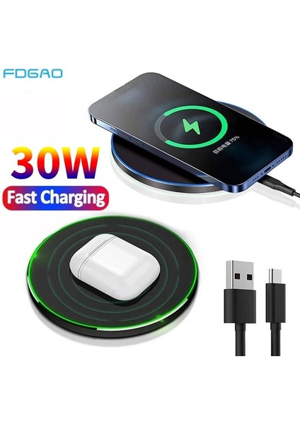 Siyah Kablo ile 30W Hızlı Kablosuz Şarj Pedi iPhone 14 13 12 11X8 Pro Max Samsung Galaxy S22 S21 Xiaomi 12 Kablosuz Şarj Istasyonu Istasyonu (Yurt Dışından) indirimleri