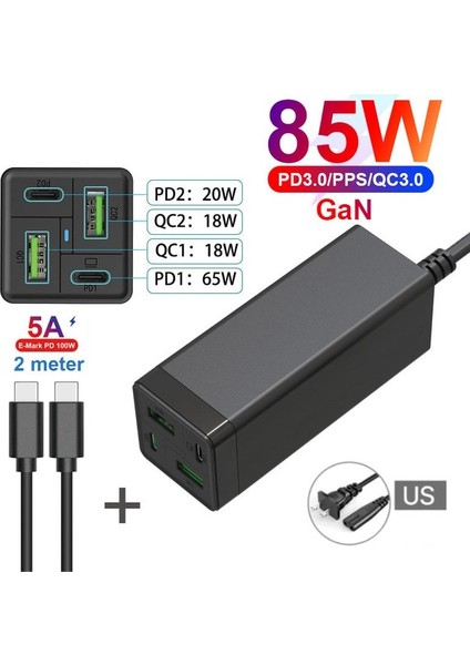 Siyah Abd ve Kablo Urvns 4-Port 85W Gan USB C Hızlı Şarj Cihazı, Pd 65W Pps 45W 20W Qc3.0 MacBook Dizüstü iPhone Xiaomi Samsung Için Güç Adaptörü Kaynağı (Yurt Dışından)