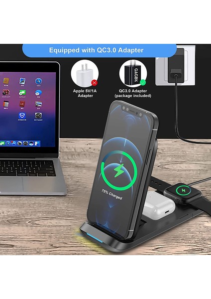 Siyah Abd Tak Kablosuz Şarj Cihazı 3'ü 1 Arada Hızlı Şarj 15W Qı Protokolü iPhone 12 11 Xs Xr Iwatch Için Kayar Katlanabilir Kablosuz Şarj Cihazı 2 3 4 5 6 (Yurt Dışından)