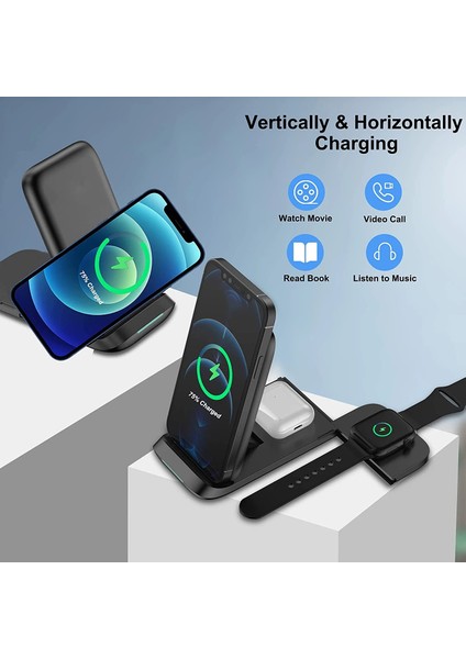 Siyah Abd Tak Kablosuz Şarj Cihazı 3'ü 1 Arada Hızlı Şarj 15W Qı Protokolü iPhone 12 11 Xs Xr Iwatch Için Kayar Katlanabilir Kablosuz Şarj Cihazı 2 3 4 5 6 (Yurt Dışından) modelleri
