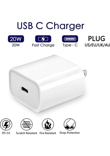 Au Fişi Hızlı Pd Şarj Kafası Usb-C Şarj Cihazı 20W Duvar Şarj Cihazı Cep Telefonu Şarjı Type-C Için iPhone 13 12 11 Pro Max Için Euauukus Için (Yurt Dışından) modelleri