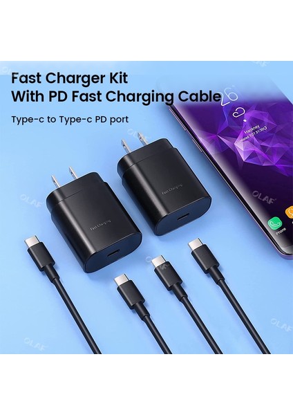 Abd Siyah Set Olaf 25W USB C Şarj Cihazı Hızlı Şarj Güç Adaptörü Tip C Chargeur USB Şarj Cihazı Samsung Galaxy S22 21 Not 20 A71 USB Kablosu (Yurt Dışından) indirimleri