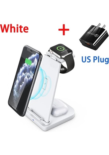 Beyaz Abd Plug ile 3 In 1 Kablosuz Şarj Standı IPhone 13 12 11 Xr 8 Apple Watch 30 W Hızlı Şarj Dock Istasyonu Samsung Huawei Xiaomi Için (Yurt Dışından)