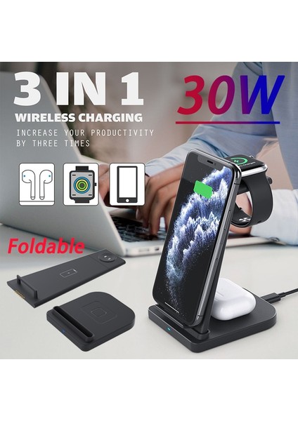 Beyaz Abd Plug ile 3 In 1 Kablosuz Şarj Standı IPhone 13 12 11 Xr 8 Apple Watch 30 W Hızlı Şarj Dock Istasyonu Samsung Huawei Xiaomi Için (Yurt Dışından) fiyatları