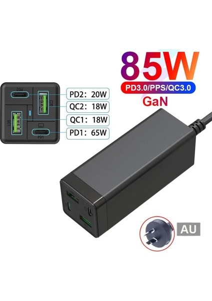 Siyah Au Urvns 4 Bağlantı Noktalı 85W Gan USB C Hızlı Şarj Cihazı, Pd 65W Pps 45W 20W Qc3.0 MacBook Dizüstü iPhone Xiaomi Samsung Için Güç Adaptörü Kaynağı (Yurt Dışından)