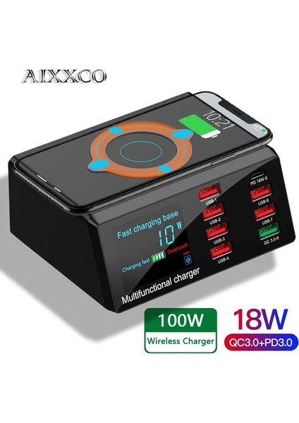 Siyah Ingiltere Aıxxco 100W Kablosuz USB Şarj Cihazı Dock 18W Pd Qc3.0 Hızlı Şarj Istasyonu Akıllı LED Ekran Samsung Huawei iPhone Için 8 Port USB (Yurt Dışından)