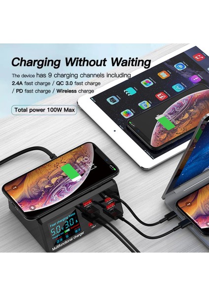Siyah Ingiltere Aıxxco 100W Kablosuz USB Şarj Cihazı Dock 18W Pd Qc3.0 Hızlı Şarj Istasyonu Akıllı LED Ekran Samsung Huawei iPhone Için 8 Port USB (Yurt Dışından) fiyatları