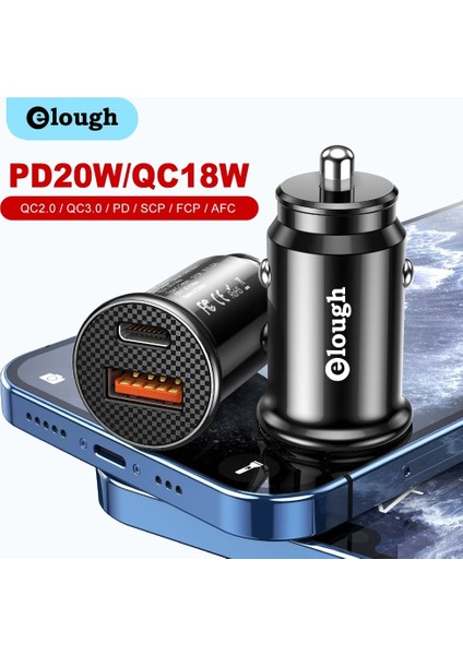 Siyah 36W Çift USB Elough Çift USB Araç Şarj Cihazı Hızlı Şarj 3.0 Qc3.0 Hızlı Şarj PD40W Tip-C Araç Şarj Cihazı iPhone 12 13 Xiaomi Huawei Samsung Için (Yurt Dışından) indirimleri
