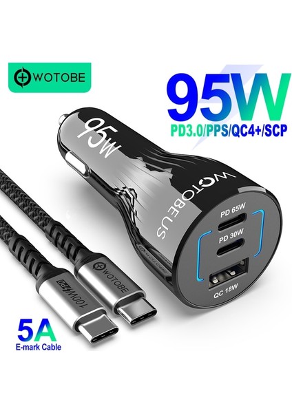 95W ve 1 Kablo Wotobe 95W USB C Araç Şarj Cihazı, 3 Portlu Pps/pd 65W/45W/30W/20W Qc4.0 22,5W Dizüstü Bilgisayar Mı 11 P40/30 iPhone 13/12 Samsung S20/NOT 10 (Yurt Dışından)