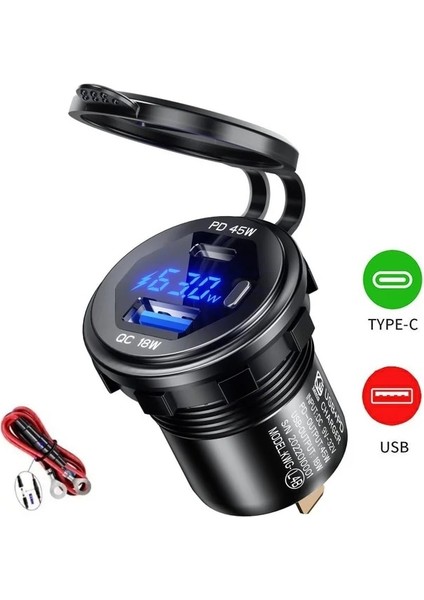 USB Tip C Mavi 90W Hızlı Şarj Araç Şarj Cihazı Pd Bağlantı Noktası Hızlı Şarj Anahtarı Açık/kapalı Telefon Şarj Cihazı LED Ekran Güç Adaptörü Evrensel 12V/24V Için (Yurt Dışından)