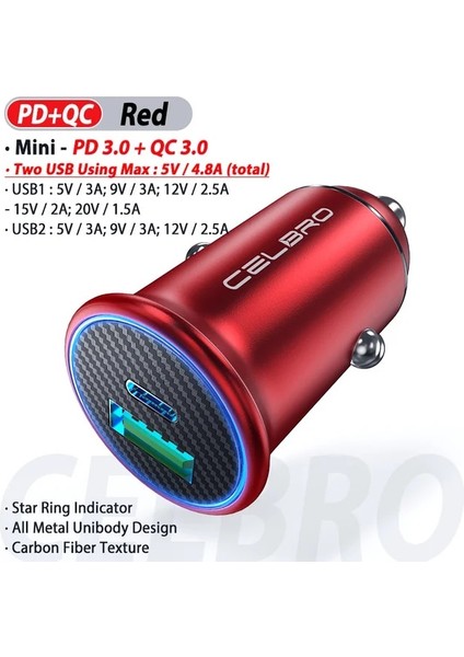 Kırmızı Celbro 30W USB Araç Şarj Cihazı C Tipi Pd Hızlı Şarj Cihazı iPhone 11 Pro Max Qc 4.0 3.0 5A Telefon Şarj Cihazı Huawei iPhone Mi Için (Yurt Dışından)