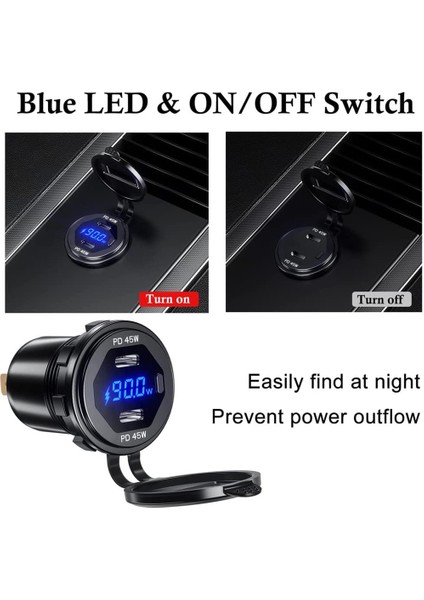 Kırmızı 90W Metal Çift USB C Tipi C Pd Hızlı Araç Şarj Cihazı Gerilim/güç Göstergesi Su Geçirmez Suv Motosiklet Kamyon Tekne Otobüs Rv Atv Için (Yurt Dışından) modelleri