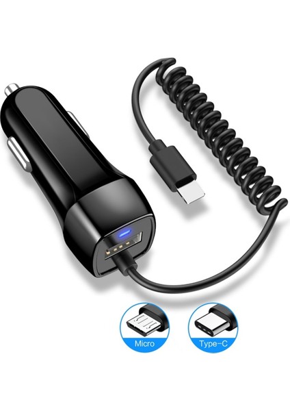 Siyah Mikro USB USB Araç Şarj Cihazı Yaylı USB Kablosu Çakmak Kablosu Micor USB Araç Şarj Cihazı C Tipi Kablo Siyah ve Beyaz (Yurt Dışından)