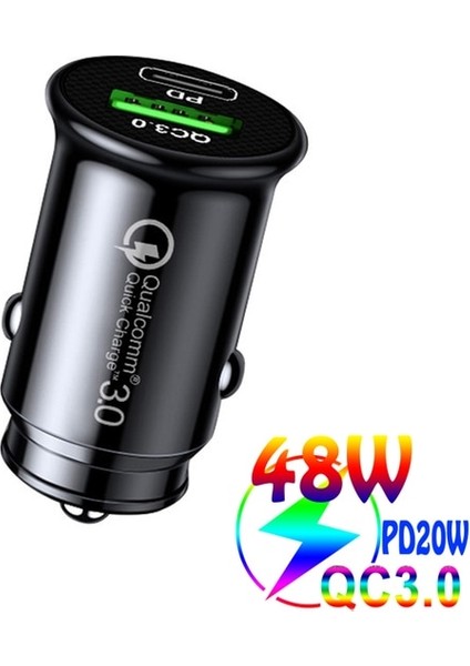 Siyah Araç Şarj Cihazı Pd 48W Hızlı Şarj Hızlı Şarj 4.0 Qc3.0 USB Tip C Şarj Cihazı iPhone 14 Pro 12 11 Xiaomi Samsung MacBook Dizüstü Bilgisayar (Yurt Dışından)