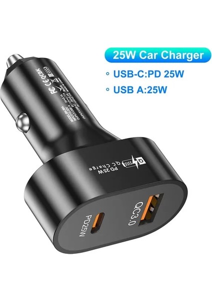Siyah B Uslıon Pd 25W USB Araç Şarj Cihazı Hızlı Şarj Qc 3.0 Dijital Ekran Araç Şarjı iPhone 14 Xiaomi Huawei Telefon Şarj Cihazı Arabada (Yurt Dışından)