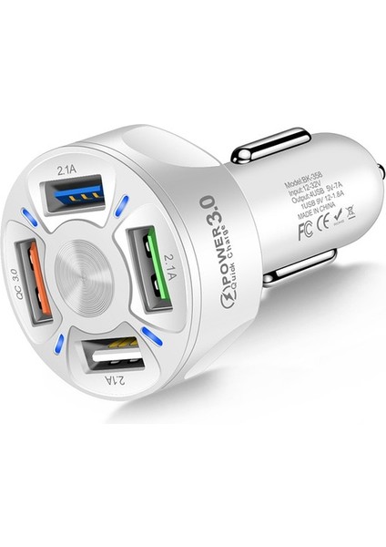 Beyaz Araç Telefonu Şarj Cihazı 4 Port USB Şarj Cihazı 5V 2.1A LED Aydınlatma Adaptörü Araçta Iphone 12 Samsung S20 Oneplus Için Çakmak (Yurt Dışından)