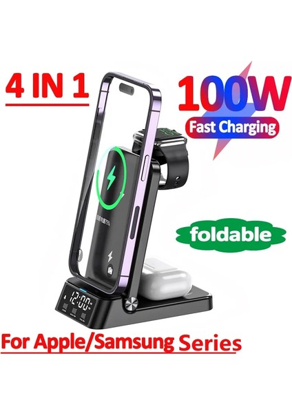 Iphone Için Ab 100W 4'ü 1 Arada Kablosuz Şarj Cihazı iPhone 14 13 12 11 Için Katlanabilir Stand Samsung Galaxy Apple Watch 7/6 Hızlı Şarj Istasyonu Istasyonu (Yurt Dışından) fırsatları
