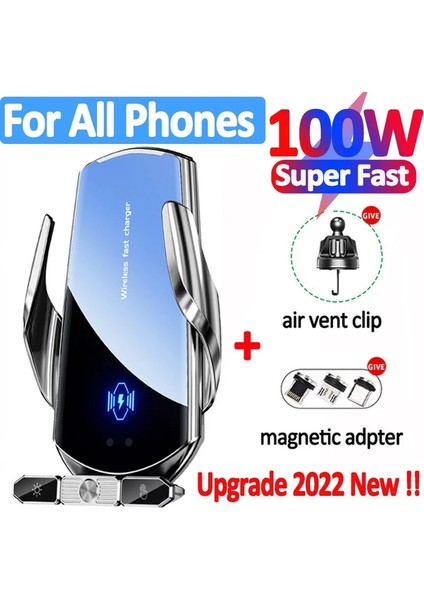 Kablo Yok Gümüş 100W Kablosuz Şarj Cihazı Araç Telefonu Tutucu Hızlı Şarj iPhone 14 13 11 x Pro Xiaomi Samsung Otomatik Manyetik Araba Kablosuz Şarj Cihazı (Yurt Dışından) modelleri