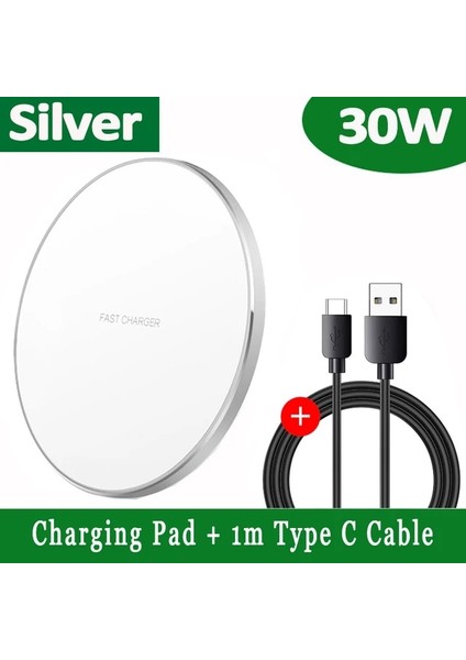 Gümüş Kablo ile 30W Kablosuz Şarj Cihazı iPhone 14 13 12 11 Pro Xs Max Mini Xr 8 Indüksiyon Hızlı Kablosuz Şarj Pedi Samsung S22 S21 S20 (Yurt Dışından)