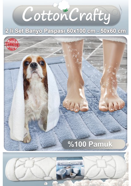 %100 Pamuk Dokuma Banyo Paspas Seti, Banyo Halısı Şeritli 60X100 - 60X50