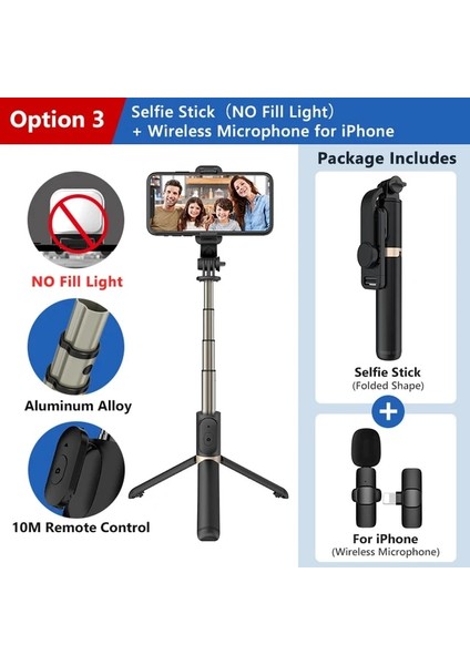 Seçenek 3 Selfie Çubuğu Monopod Tripod, Kablosuz Bluetooth Uzaktan Halka Dolgu Işığı ile Mobil Huawei Xiaomi IPhone Cep Telefonu Akıllı Telefon (Yurt Dışından)