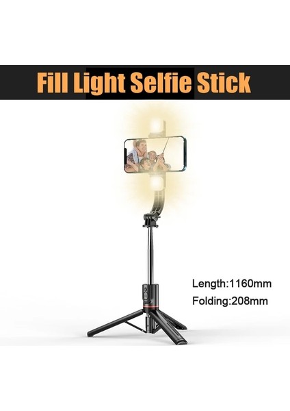 Siyah Fangtuosı 2023 Yenı Uzun Selfie Çubuk Tripod Bluetooth Deklanşör ile Dolgu Işığı Paslanmaz Çelik Monopod iphone Huawei Için (Yurt Dışından)
