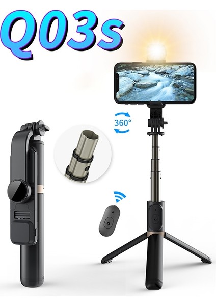 Siyah Q03S Q03S Yeni Kablosuz Bluetooth Selfie Çubuğu Katlanabilir El Monopod LED Işık Uzaktan Deklanşör ile Genişletilebilir Tripod (Yurt Dışından)