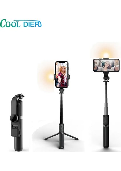 Siyah Serın Dıer Yeni Kablosuz Bluetooth Selfie Çubuğu Katlanabilir Genişletilebilir Tripod Monopod iPhone Android Telefon Için LED Dolgu Işığı ile (Yurt Dışından) fiyatları