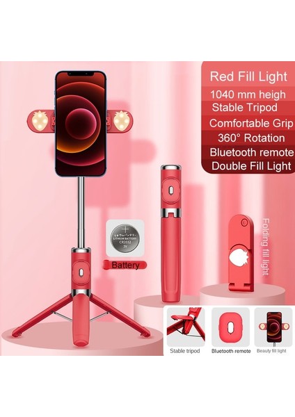 Kırmızı Işıklı Kablosuz Selfie Çubuğu Bluetooth Uzaktan Güçlendirilmiş Tripod Tutucu iPhone Huawei Xiaomi Akıllı Telefon Için Dolgu Işığıyla Selfie Canlı (Yurt Dışından)