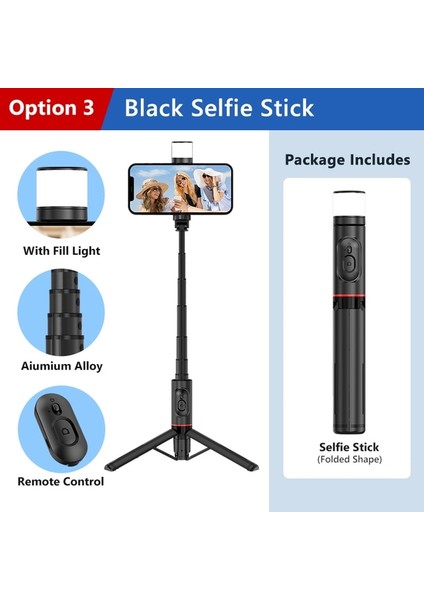Siyah Selfie Çubuğu Taşınabilir Selfie Çubuğu Tripod Dolgu Işığı ile Uzatılabilir Monopod iPhone 14 Pro Xiaomi Huawei P50 Samsung Vlog Canlı Kayıt (Yurt Dışından)