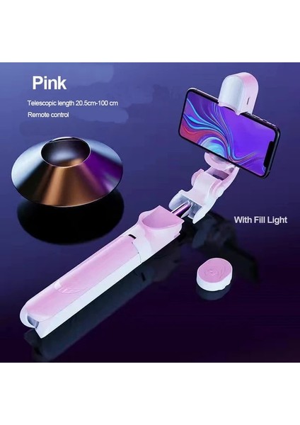 100 cm Pembe Işık 360° Dönebilen Telefon Tutucu Kablosuz Selfie Çubuğu Bluetooth Teleskopik Katlanabilir Tripod Dolgu Işığıyla Uzatılabilir Uzaktan Kumanda (Yurt Dışından)