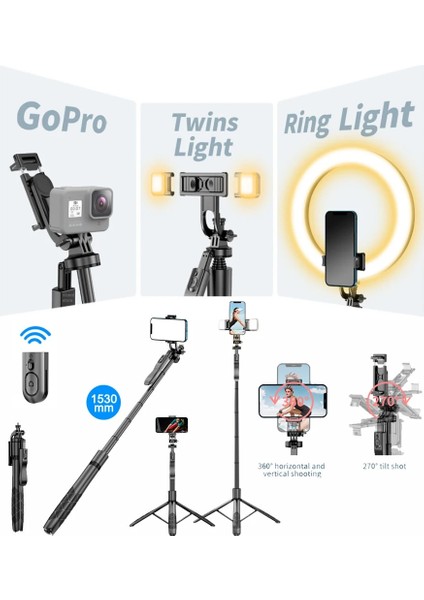 Tek Işık L16 1.53 M Kablosuz Selfie Çubuğu Tripod Gopro Eylem Kamera Akıllı Telefonlar Için Katlanabilir Standı Denge Sabit Çekim Canlı Yayın (Yurt Dışından)