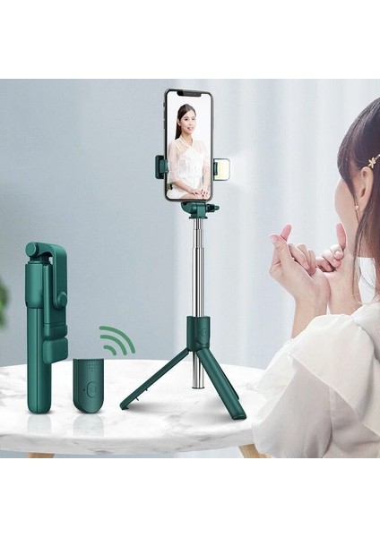 Sty A LED Yeşil Tripodlu Selfie Çubuğu LED Lambalı Halka Işık Cep Telefonu Standı Tutucu Akıllı Telefon Bluetooth Monopod Kablosuz Teleskopik (Yurt Dışından)