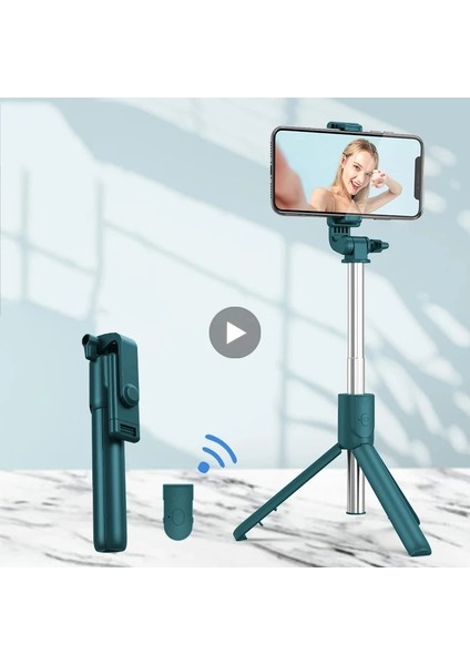 Sty A LED Yeşil Tripodlu Selfie Çubuğu LED Lambalı Halka Işık Cep Telefonu Standı Tutucu Akıllı Telefon Bluetooth Monopod Kablosuz Teleskopik (Yurt Dışından)