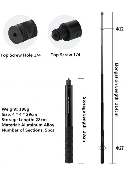 Siyah 110 cm 1/4 Vida INSTA360 Görünmez Selfie Sopa Insta 360 X3/one X2/one Rs/r/go 2 Gopro Djı Eylem Aksesuarları (Yurt Dışından)