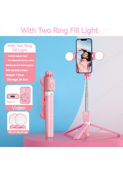 Iki Dolgu Işığı ile Bluetooth Kablosuz Selfie Çubuğu Taşınabilir Halka Doldurma Işığı Katlanır Telefon Standı Iphone Xiaomi Makyaj Video Canlı Işkembe Selfie (Yurt Dışından)