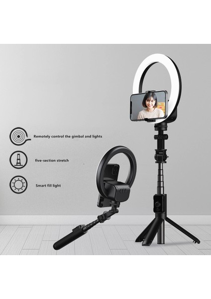 Siyah 360 Derece Kablosuz Bluetooth Uyumlu Selfie Çubuğu Katlanabilir El Uzaktan Deklanşör Tripod LED Halkalı Fotoğraf Işığı (Yurt Dışından)