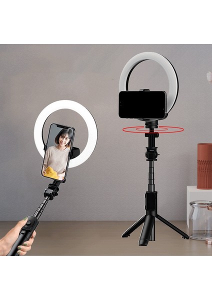 Siyah 360 Derece Kablosuz Bluetooth Uyumlu Selfie Çubuğu Katlanabilir El Uzaktan Deklanşör Tripod LED Halkalı Fotoğraf Işığı (Yurt Dışından)