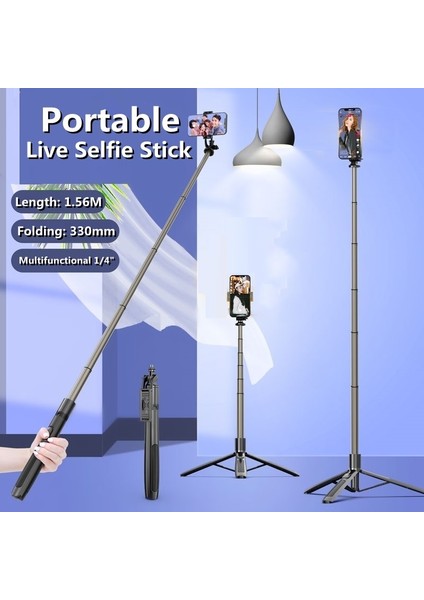 No Box Alüminyum Alaşımlı Bluetooth Uyumlu Selfie Çubuğu Tripod Katlanabilir Monopod, Aksiyon Kameraları Akıllı Telefonlar Için Iki LED Dolgu Işığı ile (Yurt Dışından)