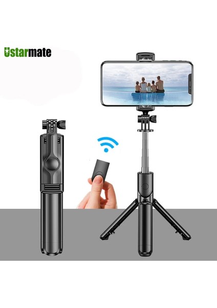 Siyah Taşınabilir Tripod Selfie Sopa iphone Samsung Fotoğraf Çekme Canlı Yayın Şarj Edilebilir Bluetooth Uzaktan Kumanda Tripod Standı Kutup (Yurt Dışından) fiyatları