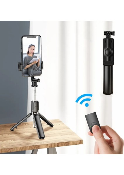Siyah Taşınabilir Tripod Selfie Sopa iphone Samsung Fotoğraf Çekme Canlı Yayın Şarj Edilebilir Bluetooth Uzaktan Kumanda Tripod Standı Kutup (Yurt Dışından) fırsatları