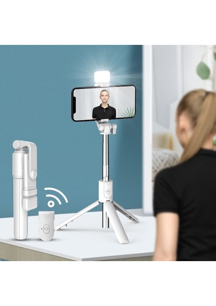 Açık Beyaz Selfie Çubuğu Tripod Lambalı LED Halka Işık Telefon Mobil Cep Tutucu Standı Akıllı Telefon Monopod Bluetooth Teleskopik Selfy (Yurt Dışından)