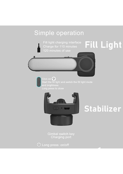 Paket ile 3ın1 Bluetooth Uyumlu Selfie Çubuğu 360 Döndürme El Gimbal Sabitleyici Dolgu Işığı Tripod iPhone 12 Samsung Video Vlog (Yurt Dışından) modelleri
